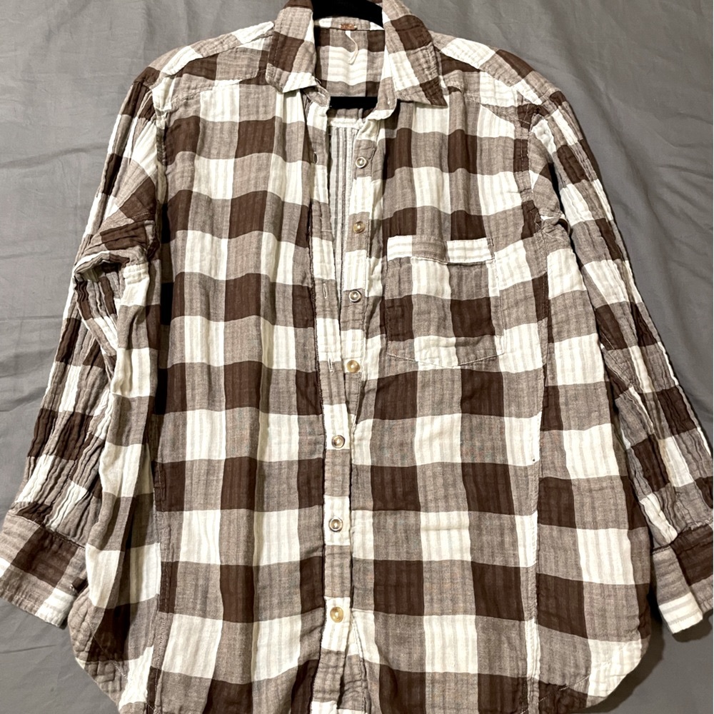 Free People plaid flannel, size S, brown and white